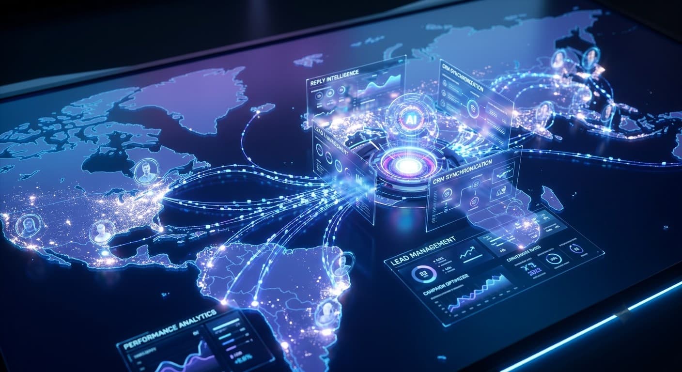 Global outreach dashboard showing campaign analytics, CRM synchronization, and reply intelligence across regions