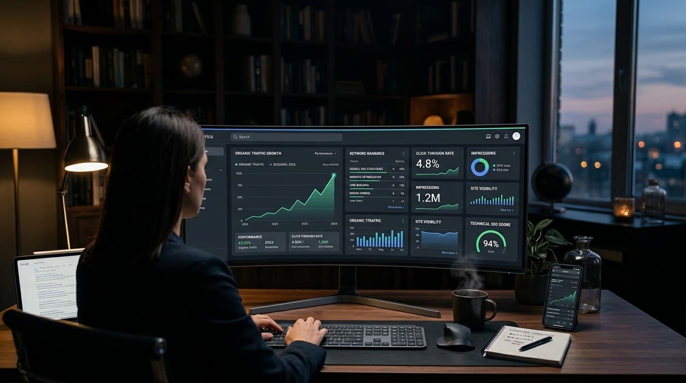 SEO analytics dashboard on a widescreen monitor showing organic traffic growth, keyword rankings, and technical SEO score