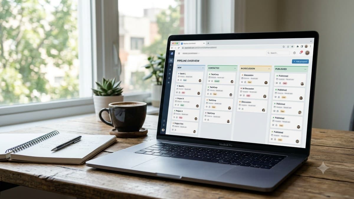 Laptop screen showing a guest post outreach pipeline with prospects organized by status