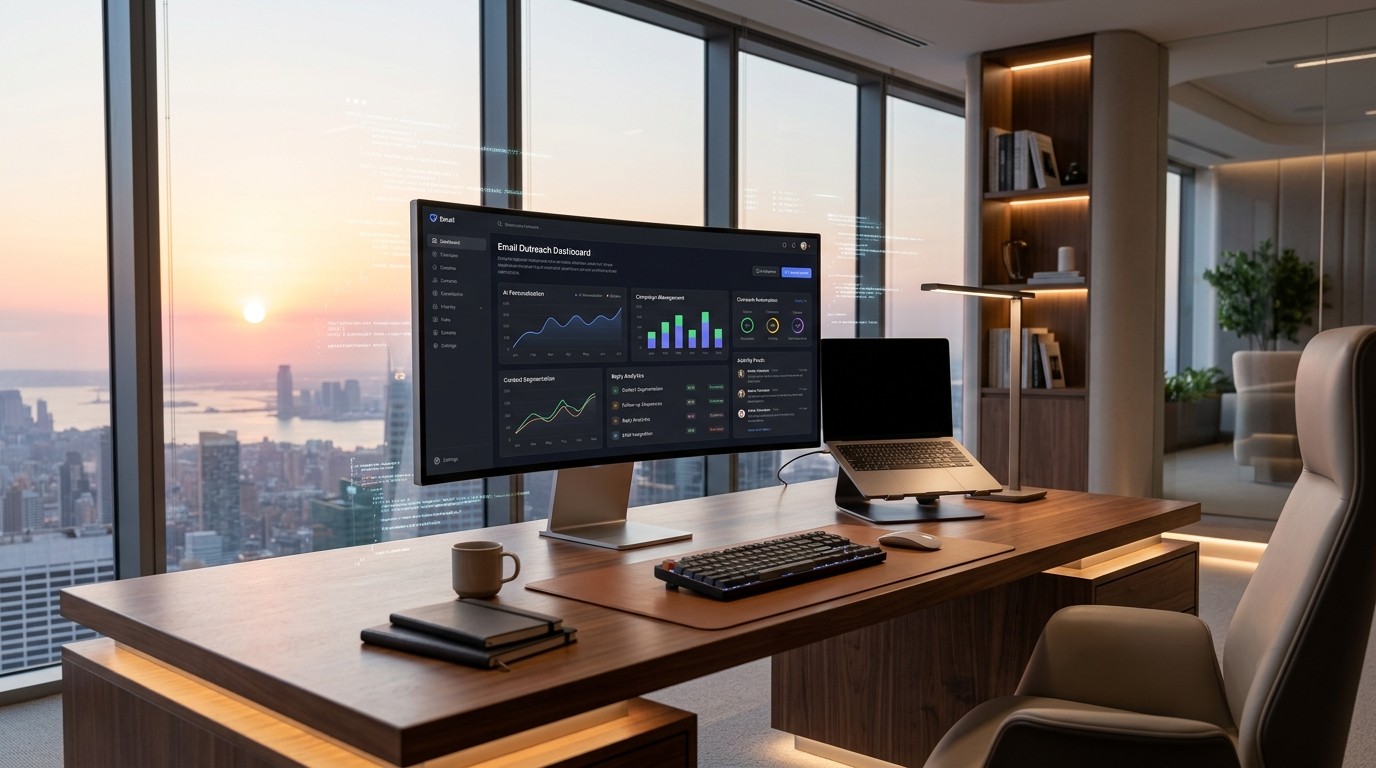 Executive office desk with a widescreen monitor showing an email outreach dashboard with campaign performance charts