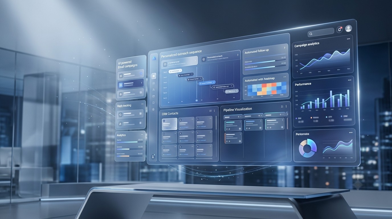 Floating dashboard interface showing personalized outreach sequences, CRM contacts, and pipeline visualization