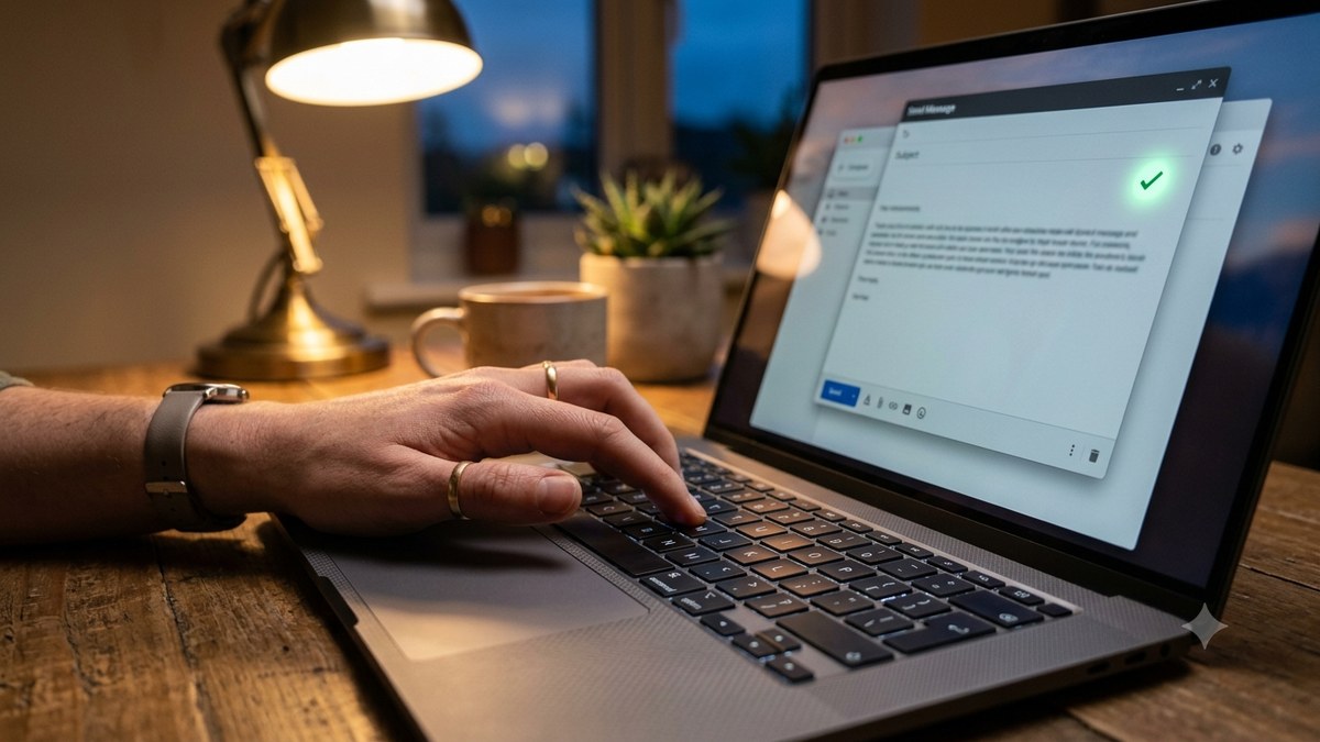 Hand typing an outreach pitch email on a laptop with a green sent checkmark