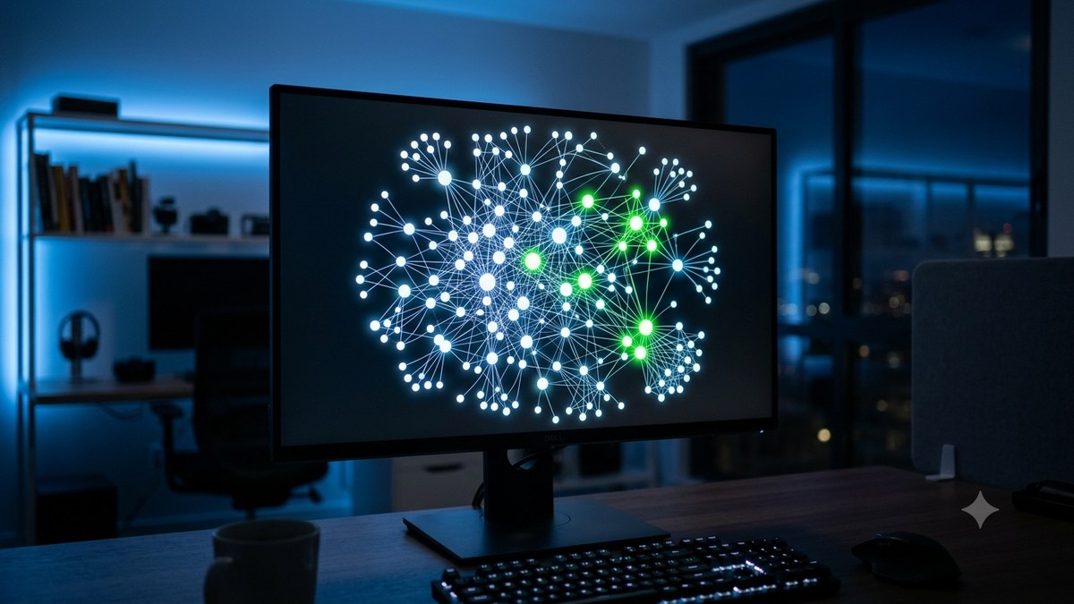Dark monitor showing a glowing network diagram of connected websites with a few nodes highlighted in green
