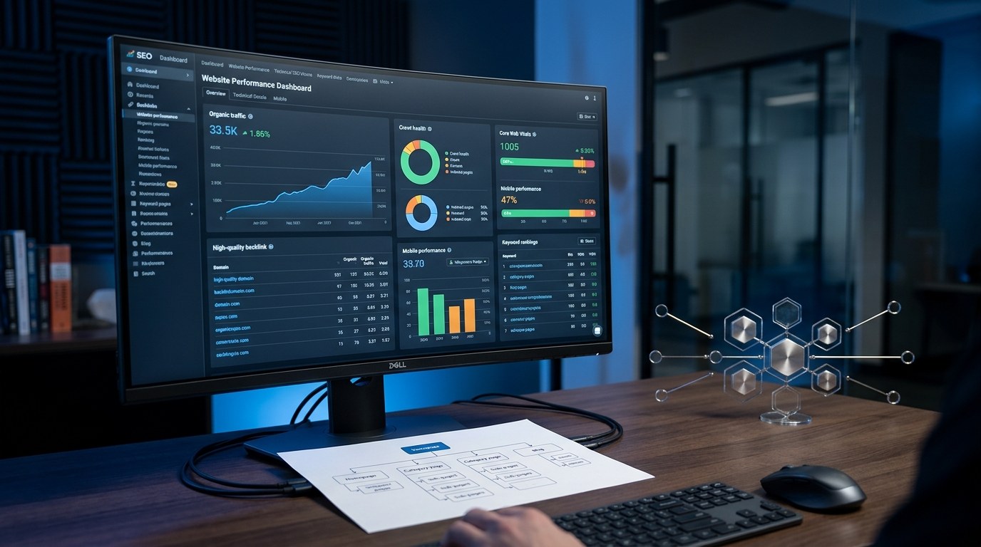 Website performance dashboard showing Core Web Vitals, backlink data, and keyword rankings