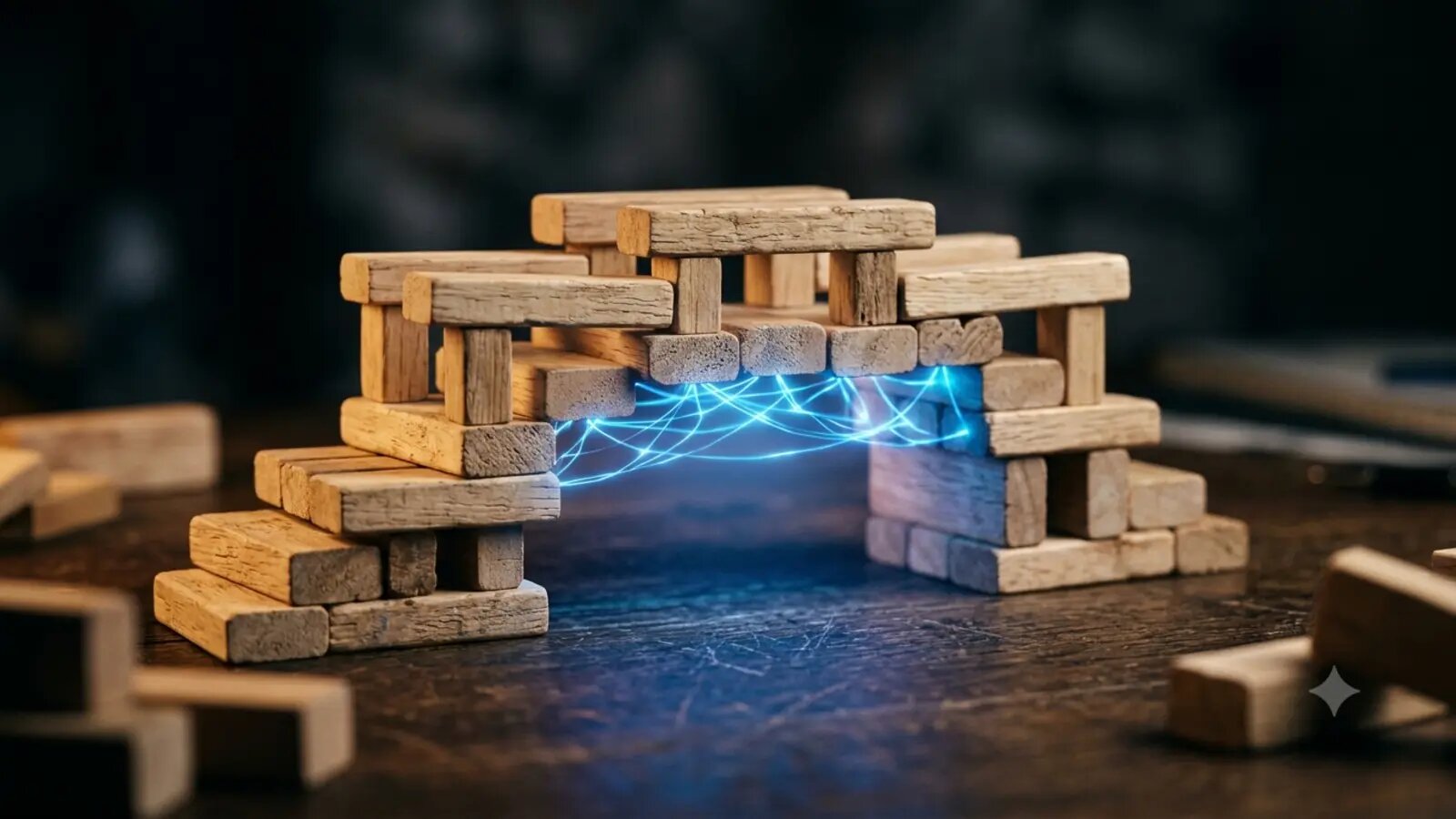 Wooden blocks connected by a glowing network representing link building strategy