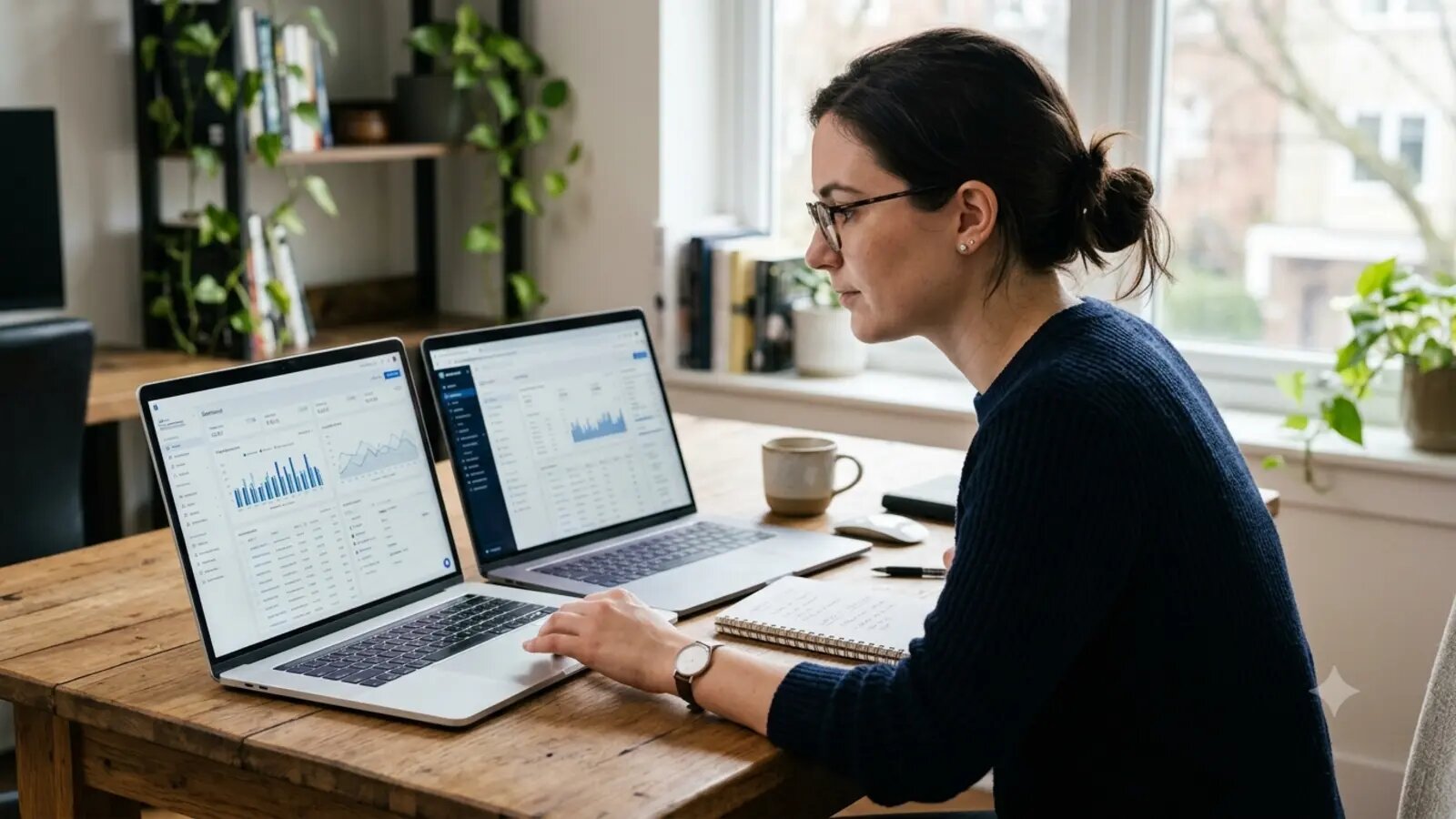 Person comparing two link building software options on laptop screens