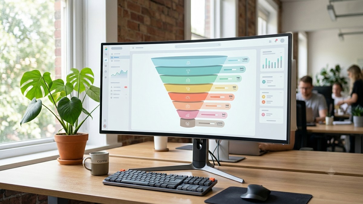 Funnel visualization chart on a monitor showing outreach pipeline stages narrowing from wide to narrow