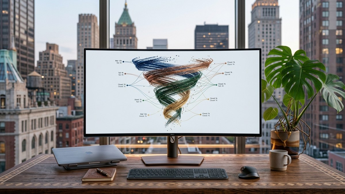 Network diagram visualization on a monitor showing connected outreach relationships and clusters
