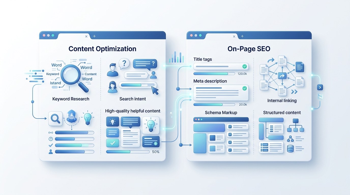 Diagram showing content optimization and on-page SEO elements including keyword research, internal linking, and schema markup